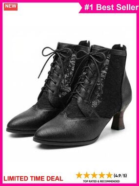 Womens Faux Leather Lace Up Victorian Ankle Boots Pointed Toe Kitten Heel